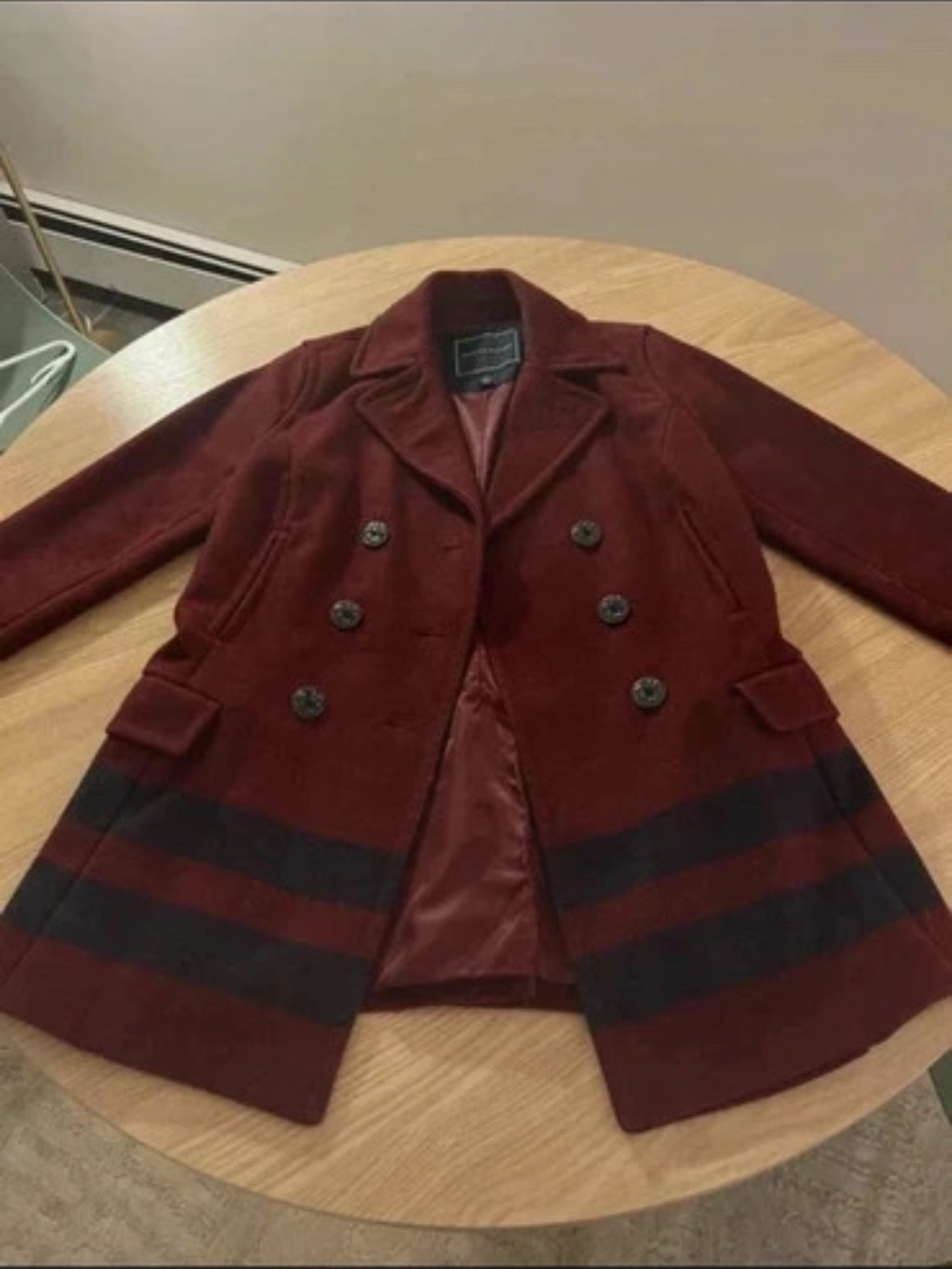 Tommy Hilfiger Deep Burgundy Double-Breasted Peacoat with Black Stripes